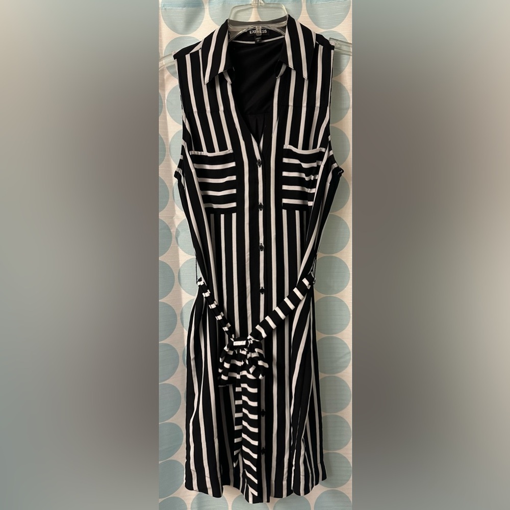 Express Button Up Striped Dress with Belt, Black/White, Size S, NWOT